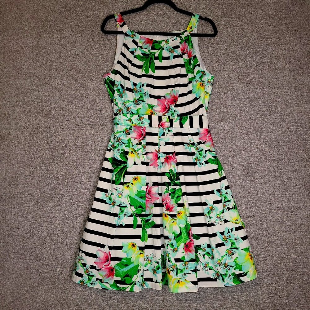 Leslie Fay Striped Floral Sleeveless Dress 50's Style Size 12